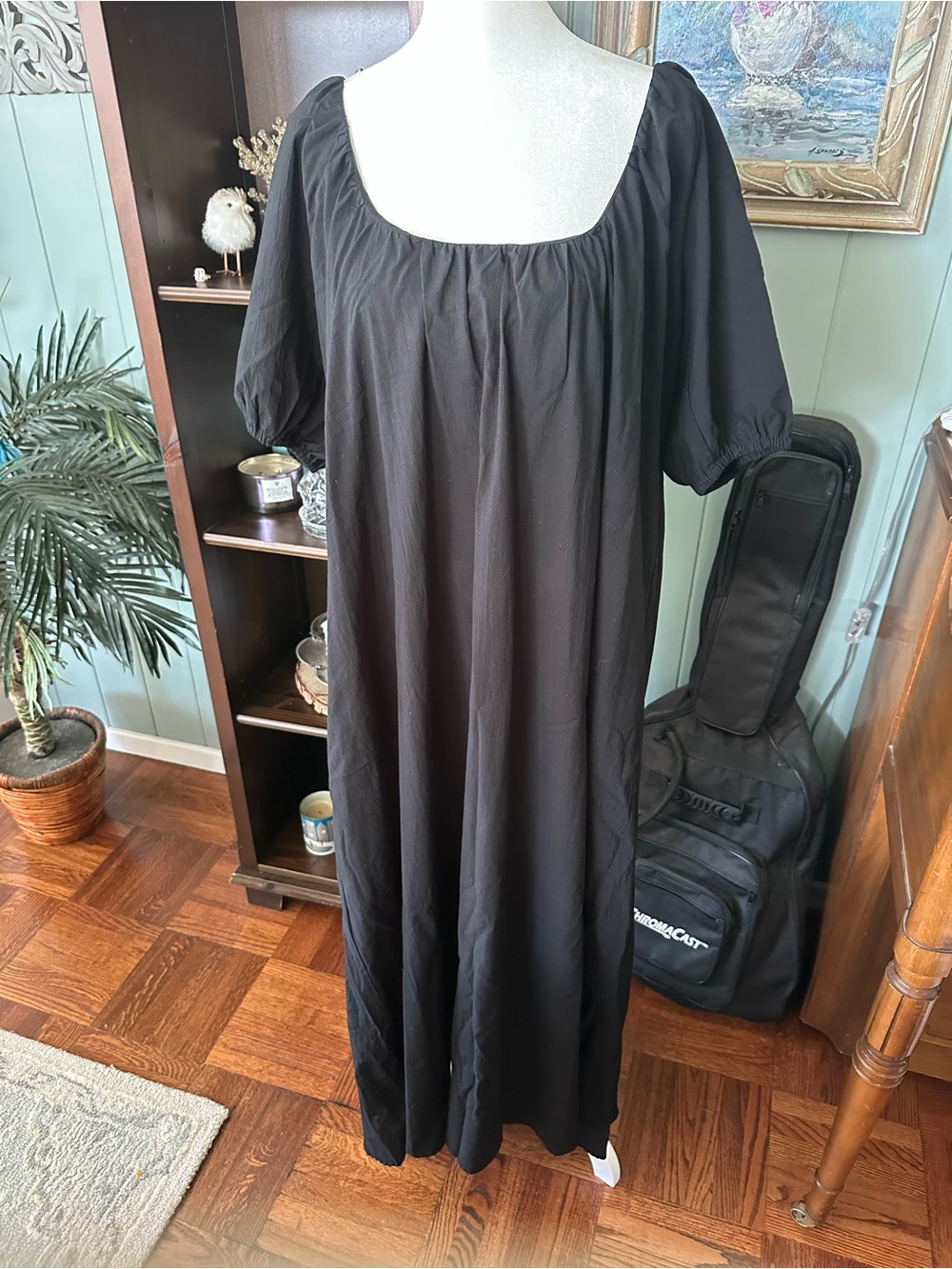 Natalie Martin 100% Cotton Black Maxi Dress with Scoop Neck and Puff Sleeves